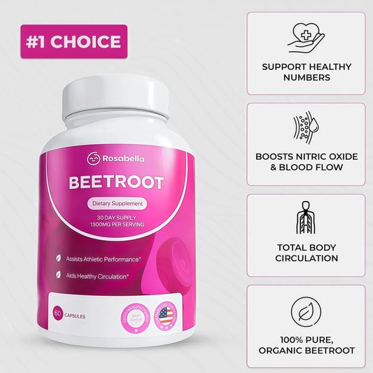 Rosabella Organic Beet Root Capsules - 1300mg Beet Root Powder Aids Healthy Circulation & Vitality, Non-GMO, Beet Root Supplement - 60 Capsules, 30-Day Supply